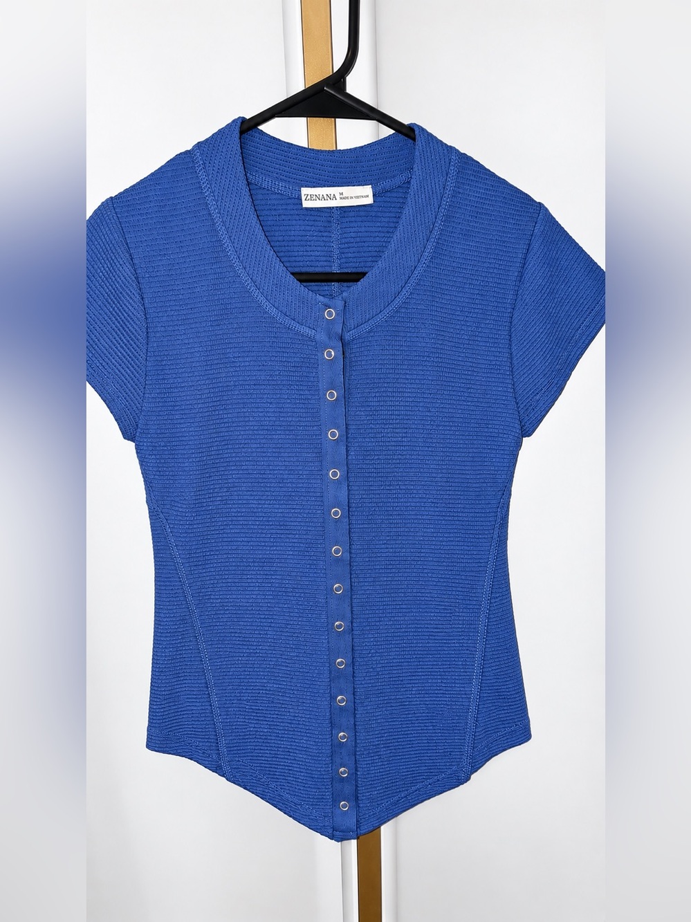 Zenana Outfitters Button-Front Short Sleeve Waffle Top in Blue